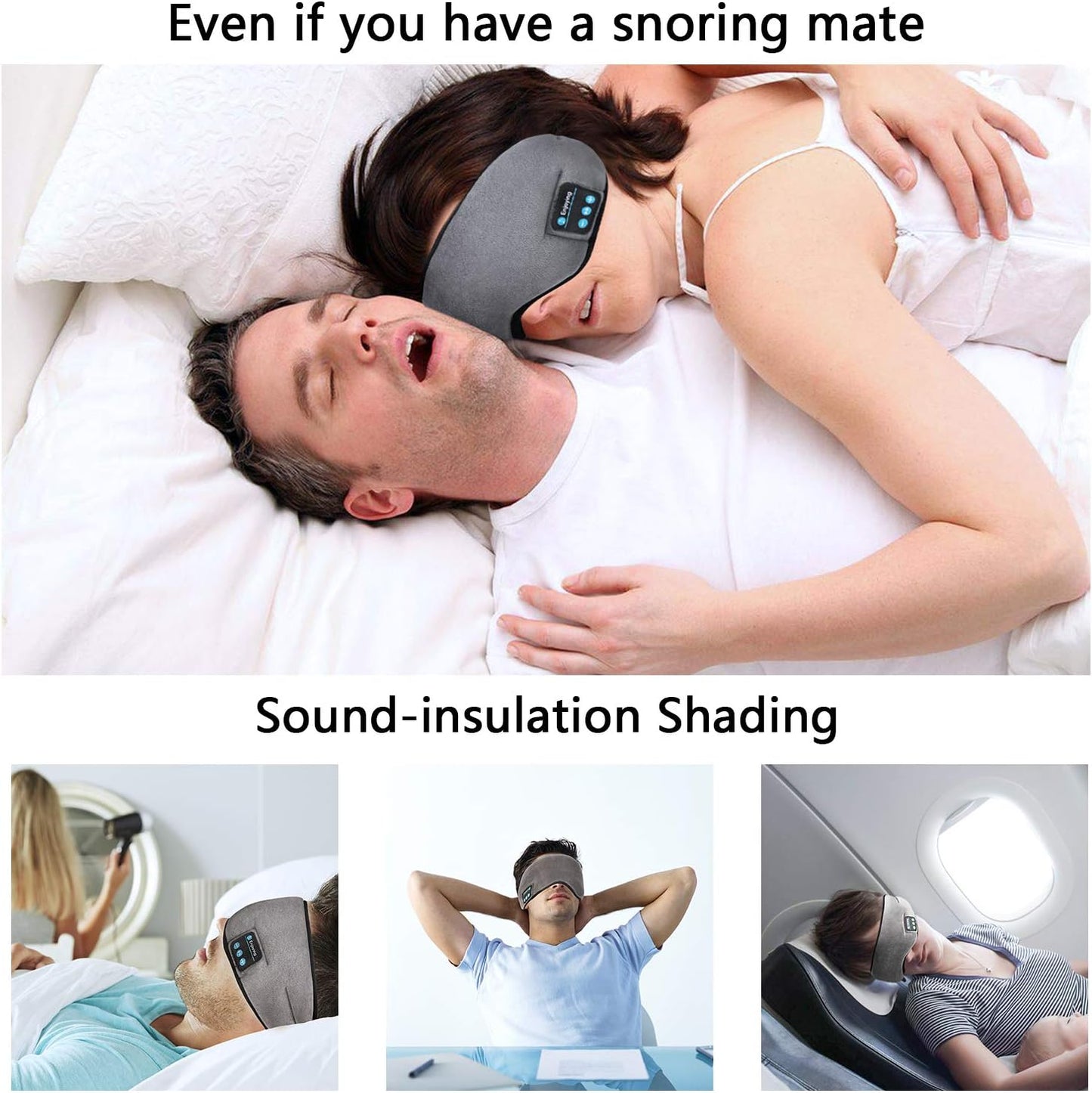 Wireless Sleep Mask,Skeyeol Sleep Headphones,Adjustable&Washable Music Travel Sleeping Headset with Built-In Speakers Microphone Hands-Free for Air Travel,Siesta and Sleeping Grey