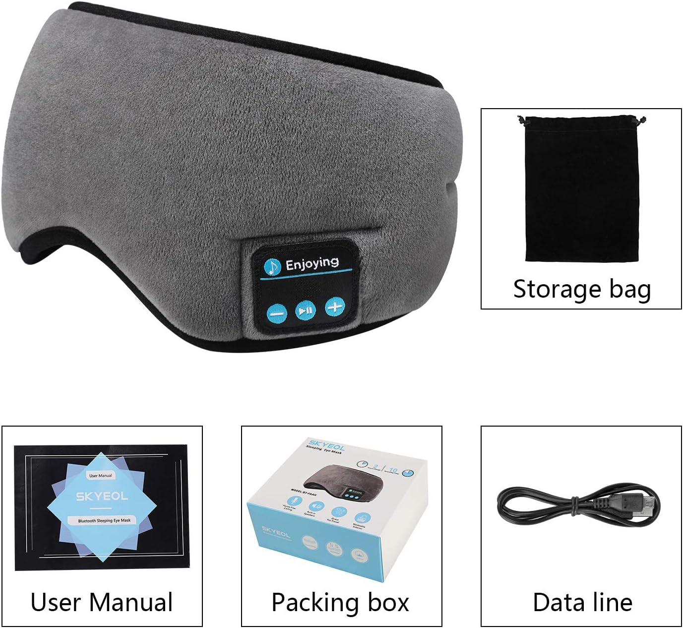 Wireless Sleep Mask,Skeyeol Sleep Headphones,Adjustable&Washable Music Travel Sleeping Headset with Built-In Speakers Microphone Hands-Free for Air Travel,Siesta and Sleeping Grey